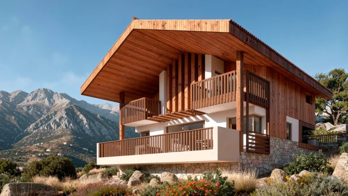 Diseño de casa rural moderna en la Sierra de Madrid con fachada de madera, zócalo de mampostería y porche en voladizo orientado al sur.