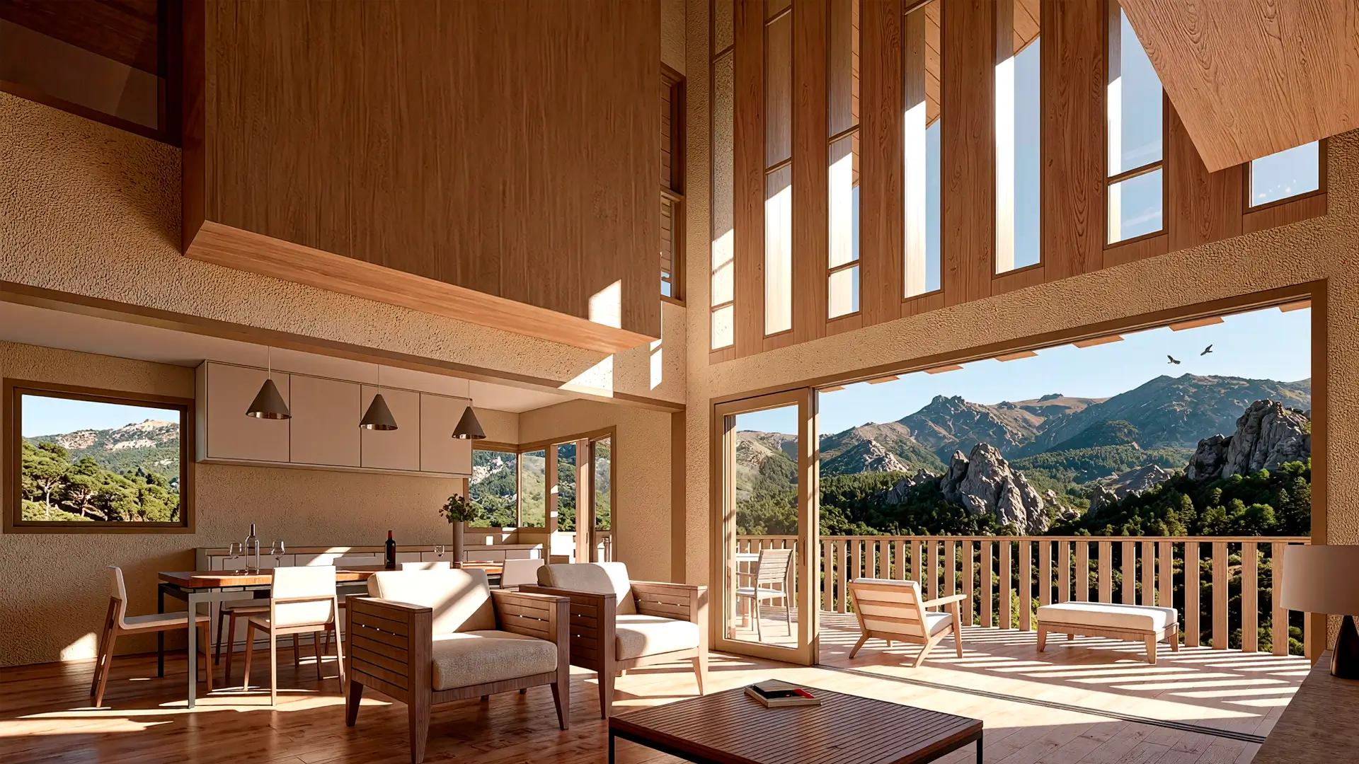 Casa rural. Interior del salón en doble altura — HGSE Arquitectos Salón con doble altura en diseño de casa rural en Robledo de Chavela, con techos de madera de roble y vistas a la montaña.
