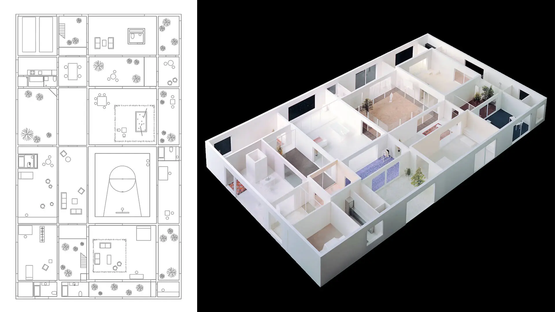 Planta y maqueta de la Casa en China de Ryue Nishizawa, con estancias equivalentes y circulación sin pasillos.