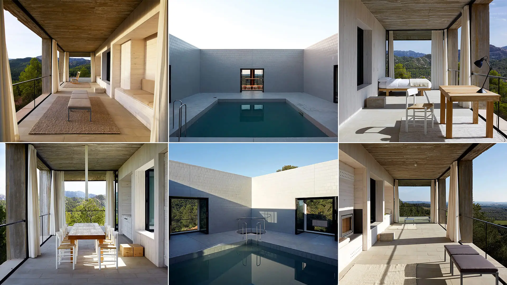 Varias habitaciones idénticas con funciones apenas definidas, pertenecientes a una casa moderna abierta al paisaje.