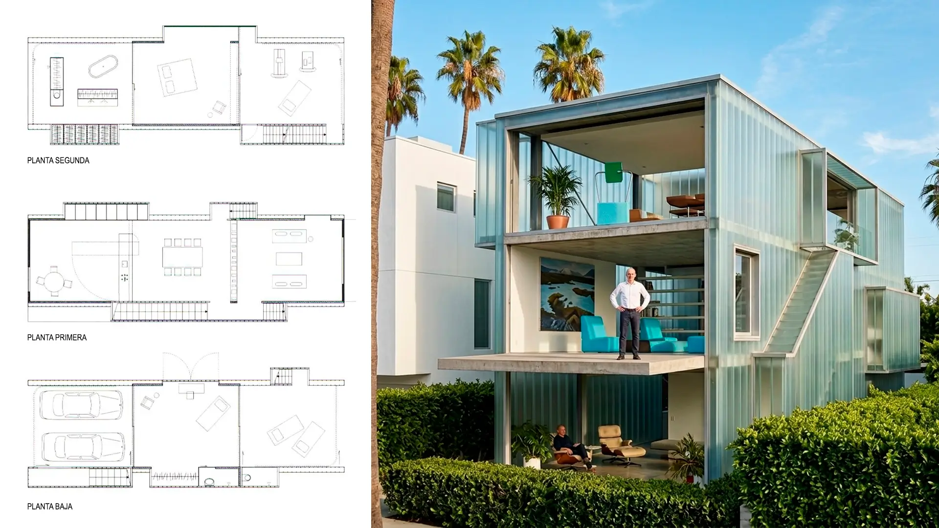 Planos de planta y render arquitectónico en sección de la Sighvatsson House de OMA Rem Koolhaas, referente de casa de diseño contemporáneo.