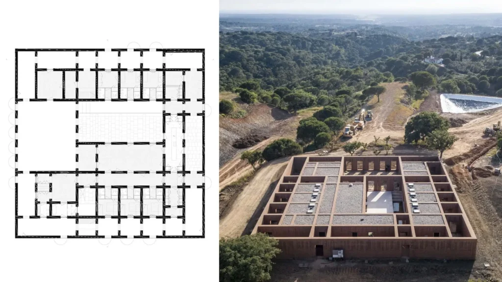 Plano de planta y aspecto aéreo de la Casa en Melides I de Aires Mateus, ejemplo de casa de diseño contemporáneo con filtro perimetral de patios.