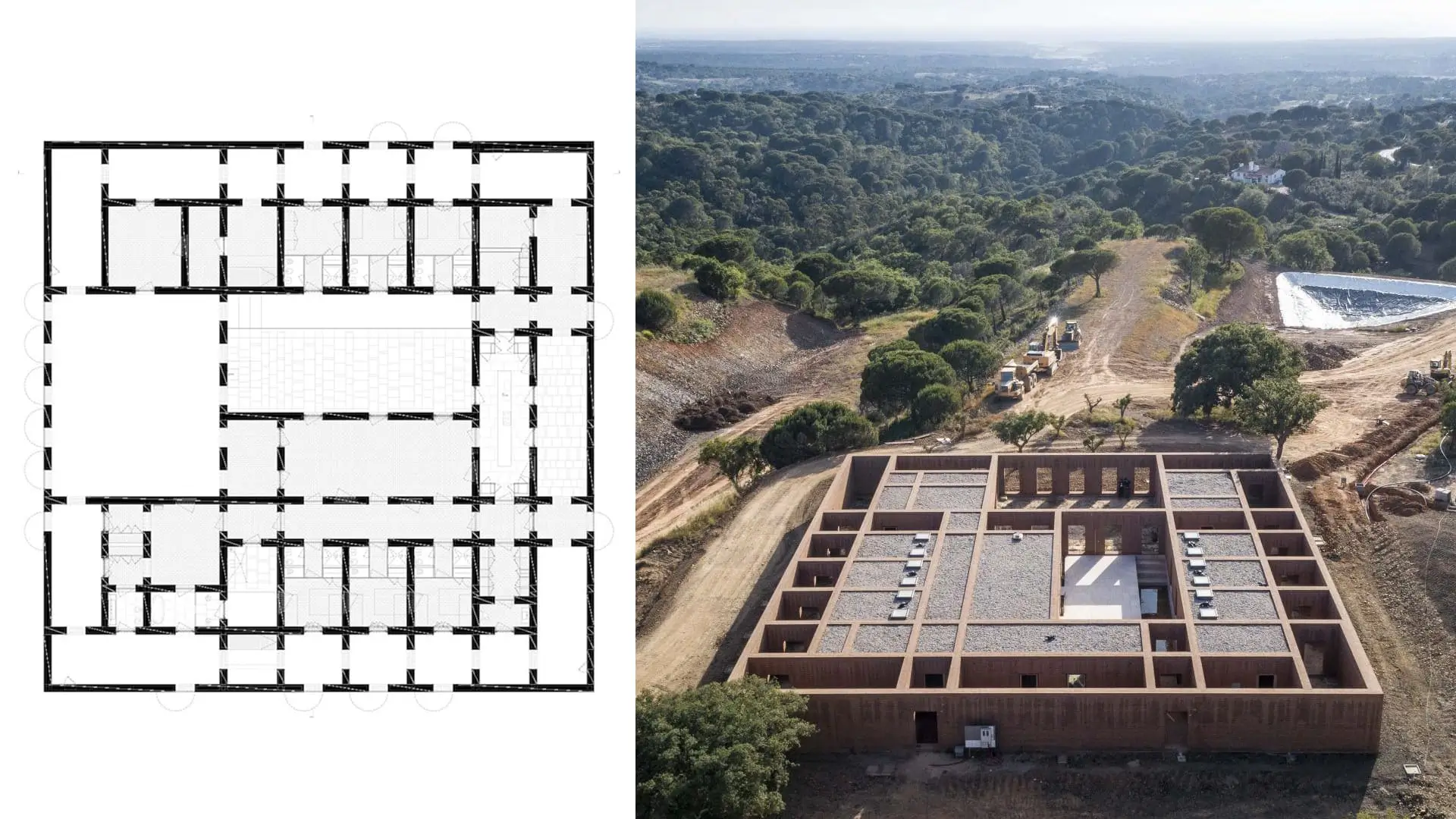 Plano de planta y aspecto aéreo de la Casa en Melides I de Aires Mateus, ejemplo de casa de diseño contemporáneo con filtro perimetral de patios.