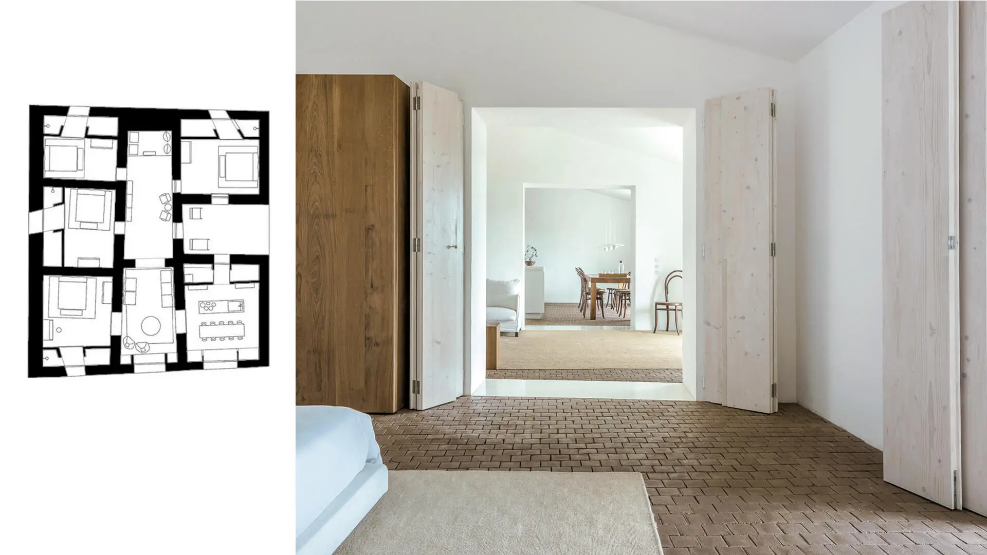 Planta e interior de la Casa en el Tiempo de Aires Mateus, con secuencia de estancias en enfilada y circulación fluida.