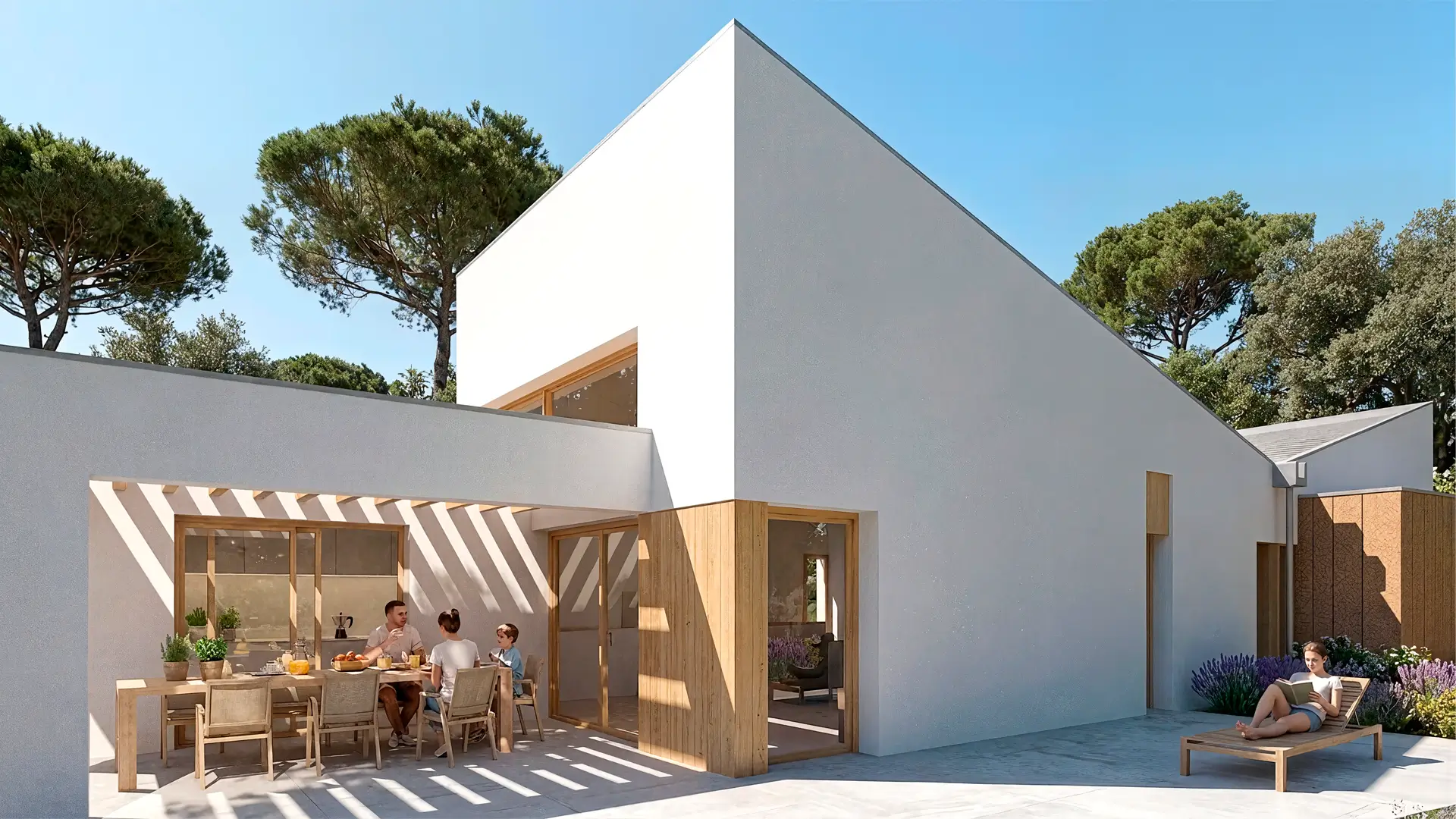 Porche y terraza de verano en casa estrecha y alargada en Colmenar del Arroyo, Madrid.