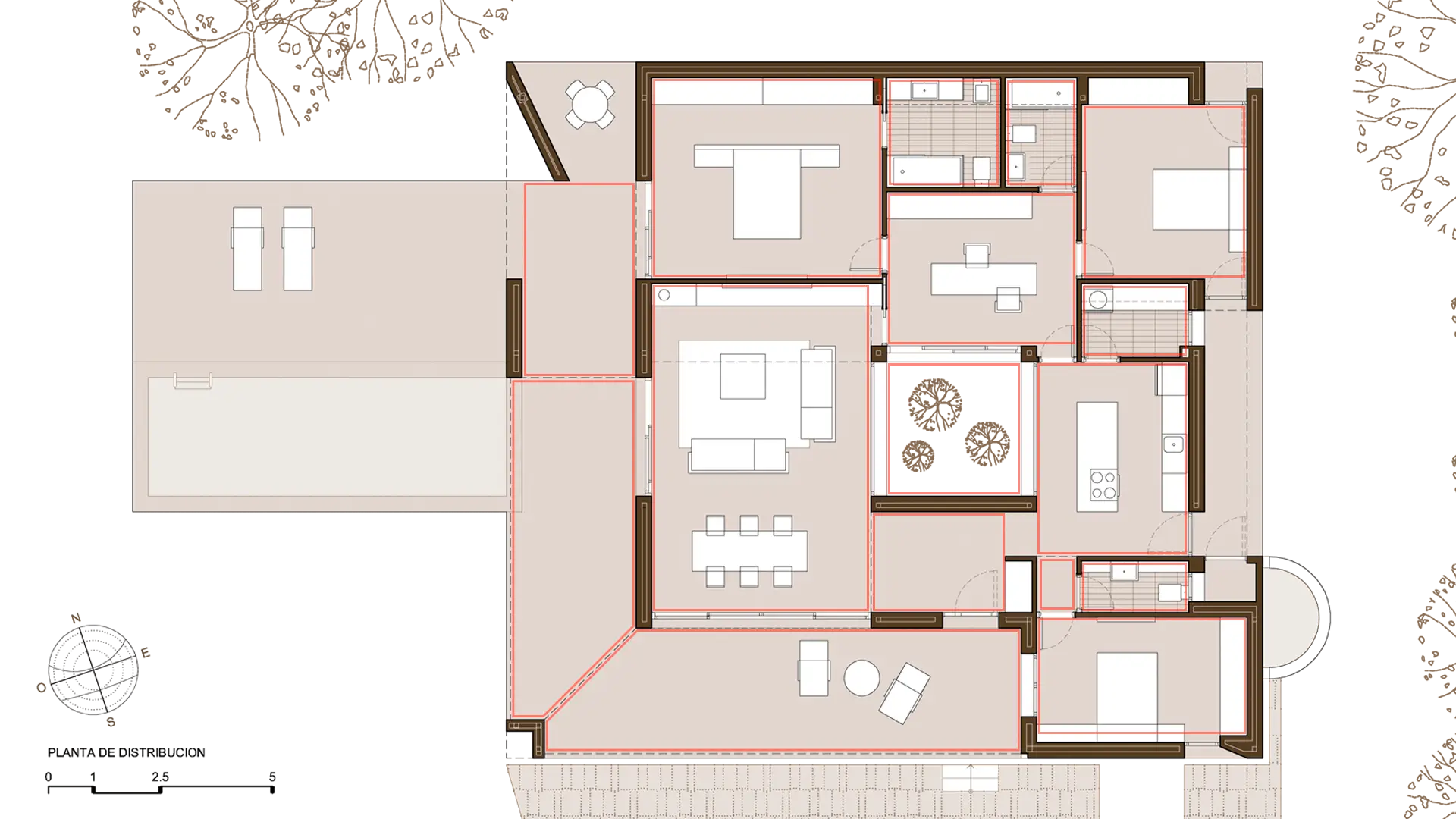Planta de casa flexible en Fresnedillas de la Oliva con estancias en torno a un patio central y sin pasillos.