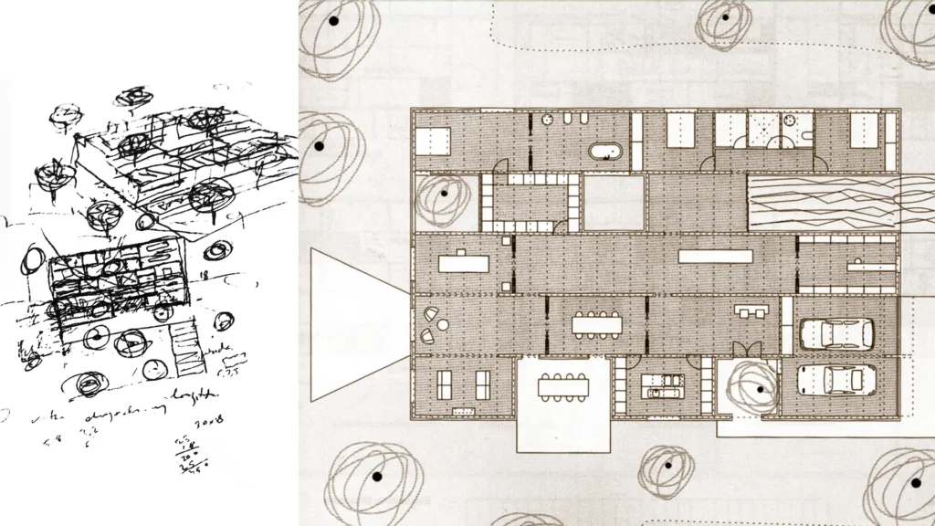 Croquis y planta de la Casa Mora de Ábalos y Herreros con distribución en malla sin jerarquías funcionales.