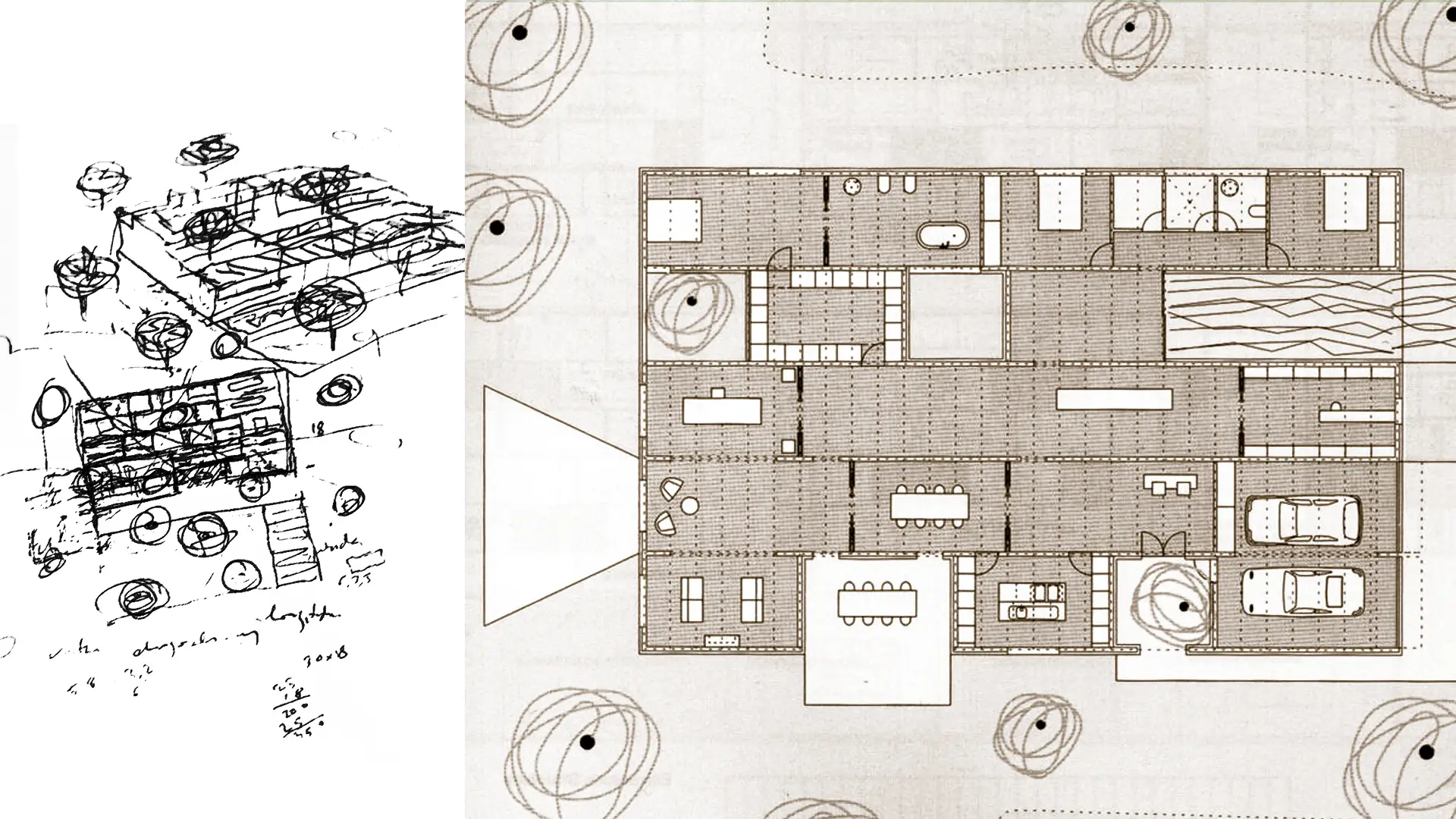 Croquis y planta de la Casa Mora de Ábalos y Herreros con distribución en malla sin jerarquías funcionales.