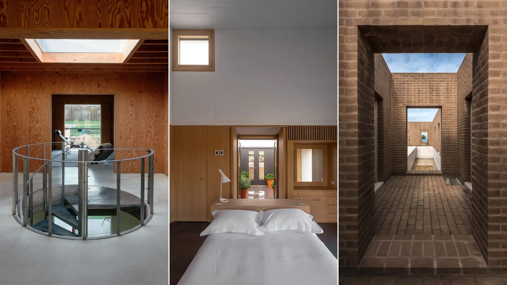 Tríptico de espacios neutros interiores en madera, piedra y ladrillo artesanal correspondientes a proyectos de vivienda contemporánea.