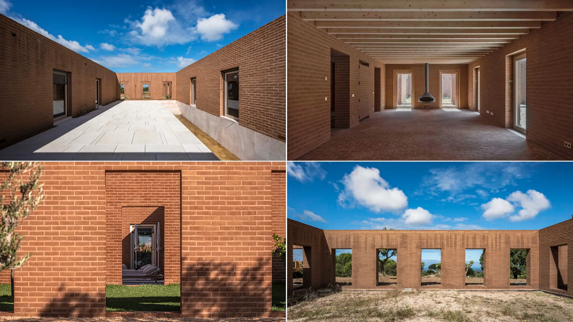 Secuencia de interiores de ladrillo, chimenea suspendida y patios de la Casa en Melides I de Aires Mateus, referente de casa de diseño contemporáneo.