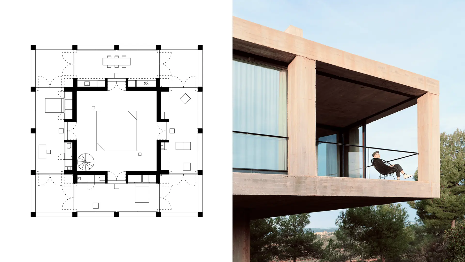 Plano de planta simétrica y terraza pórtico en voladizo de la Casa Solo en Cretas por Pezo von Ellrichshausen, referente de casa de diseño contemporáneo.