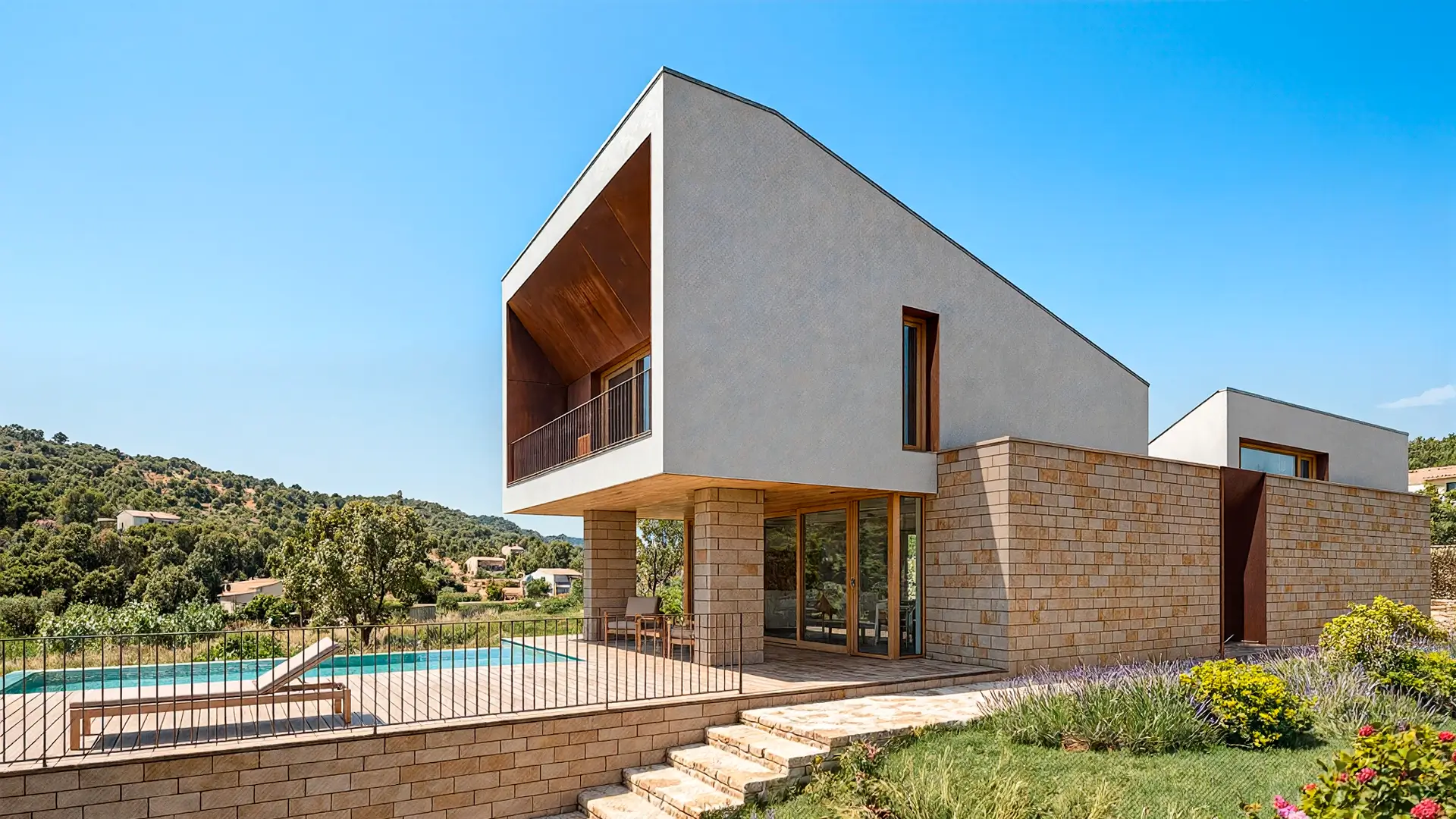 HGSE Arquitectos - Diseño de Casa de Dos Plantas con Piscina en Madrid Diseño de casa moderna de dos plantas en Madrid por HGSE Arquitectos, con fachada de piedra, volumen de estuco claro, carpintería de madera y piscina.