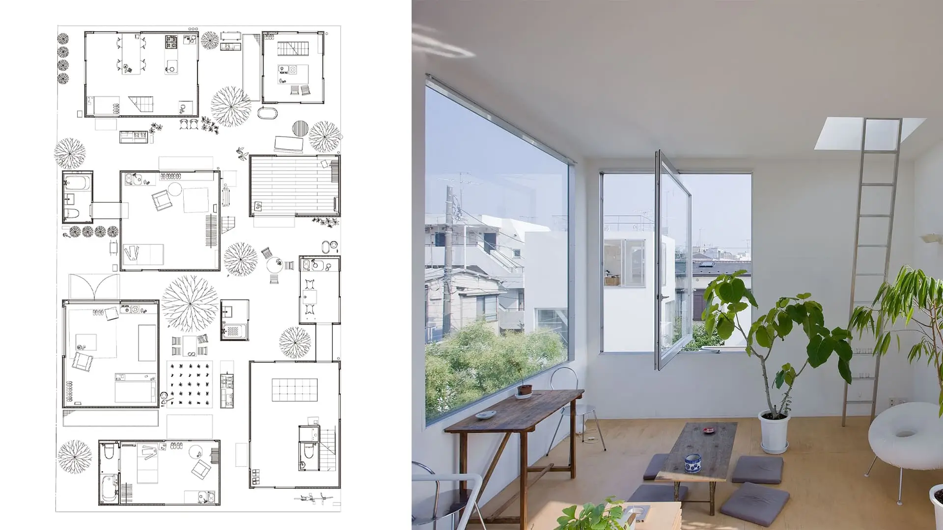 Plano de planta general e interior luminoso de la Casa Moriyama de Ryue Nishizawa, referente de casa de diseño contemporáneo de piezas dispersas.