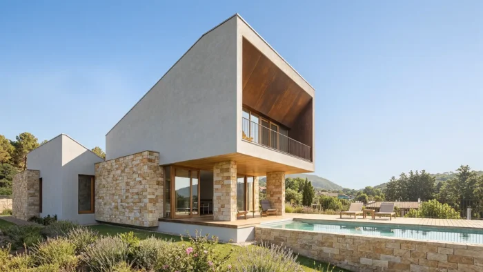 Diseño de casa de dos plantas con piscina en Madrid por HGSE Arquitectos, con fachada de mampostería granítica, estuco claro y porche de madera.