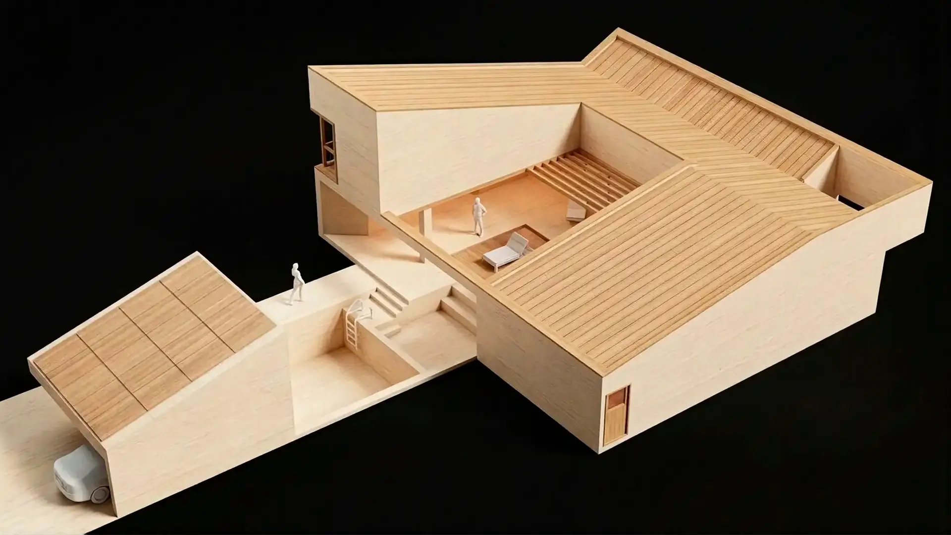 Maqueta de arquitectura de casa moderna en Madrid con cubierta inclinada sobre patio central.