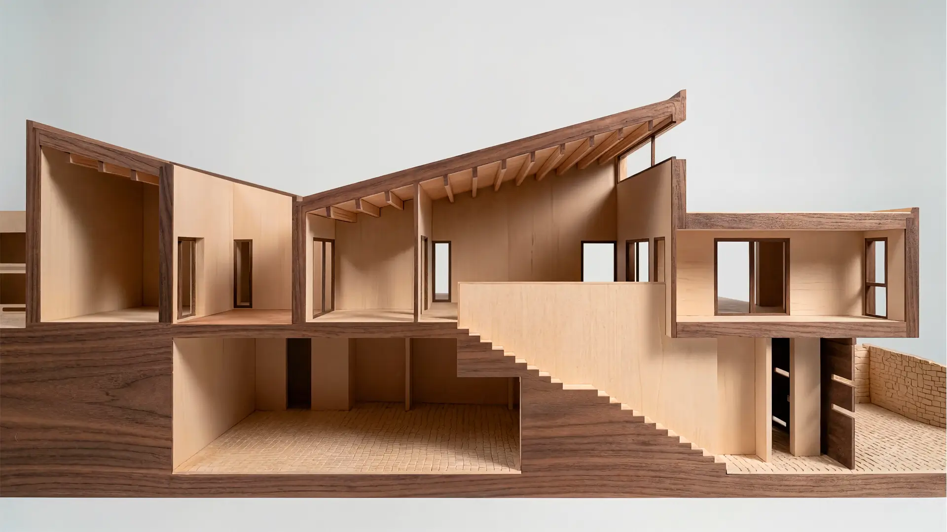 Maqueta seccionada de casa estrecha y alargada en Madrid (Colmenar del Arroyo) mostrando la enfilada en sección y el garaje en semisótano.