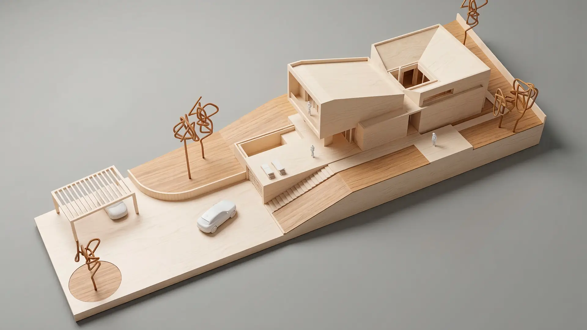 maqueta-vivienda-unifamiliar-dos-plantas-piscina-madrid Modelo a escala de vivienda unifamiliar de consumo casi nulo con piscina, mostrando el acceso a la planta baja y sótano técnico.