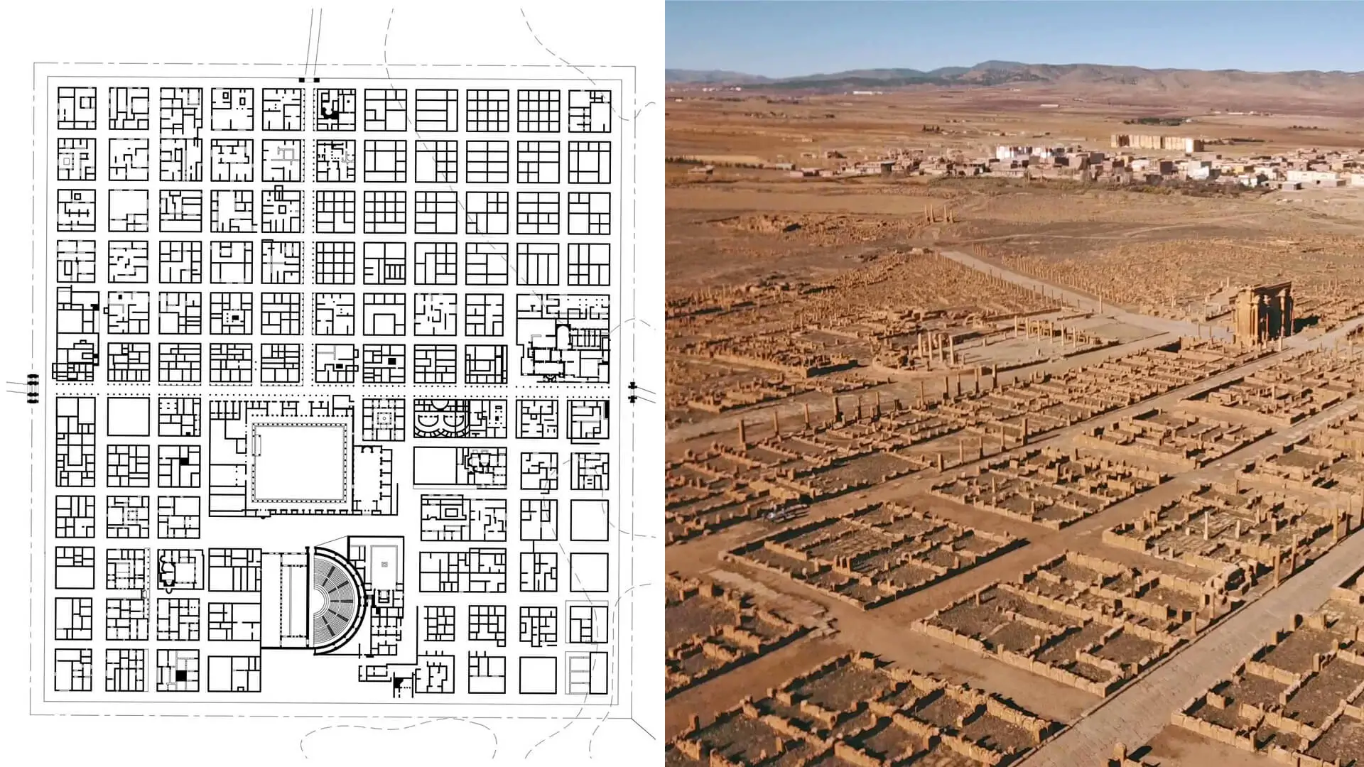 Planta y ruinas aéreas de la ciudad romana de Timgad, ejemplo de retícula ortogonal y modular.