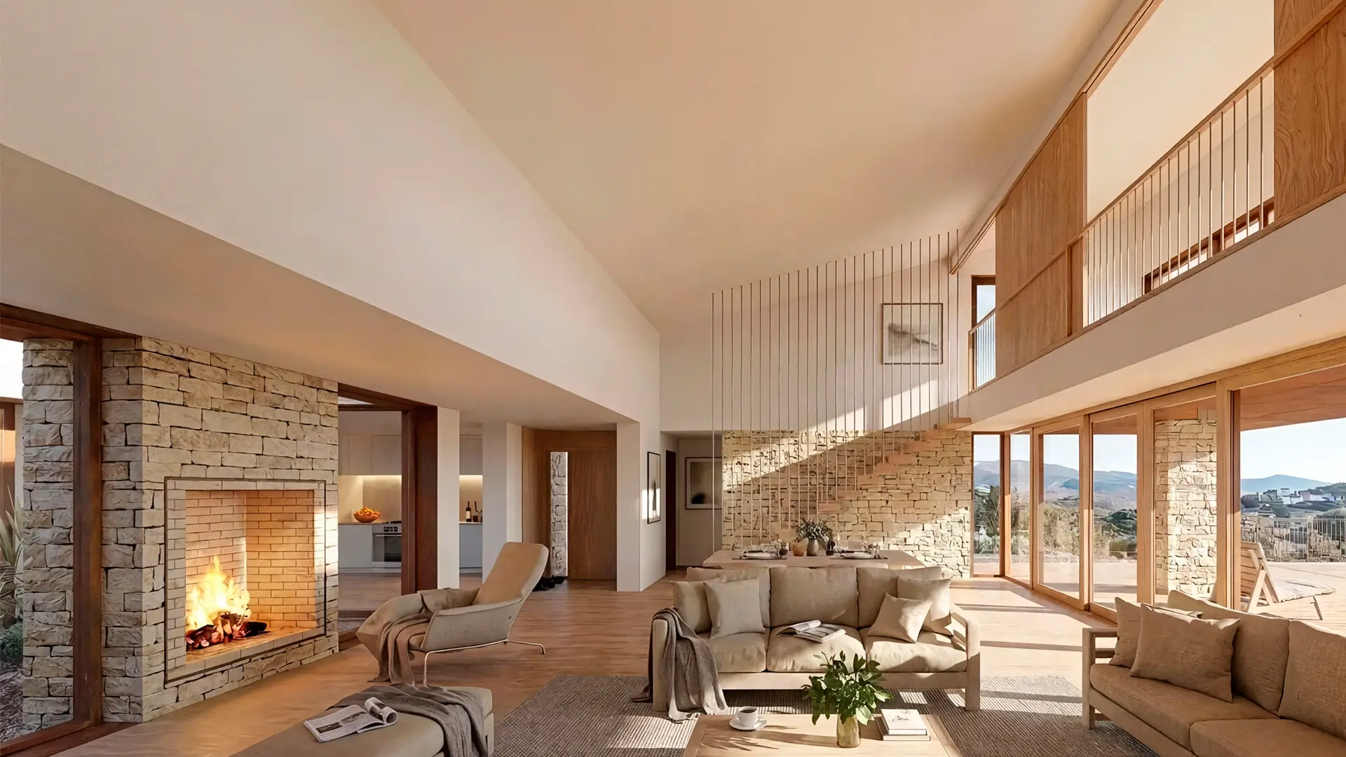 Salón en doble altura - Casa en Valdemaqueda - HGSE Arquitectos Salón comedor en doble altura con chimenea de piedra, escalera volada de madera y grandes ventanales en una vivienda unifamiliar en Madrid.