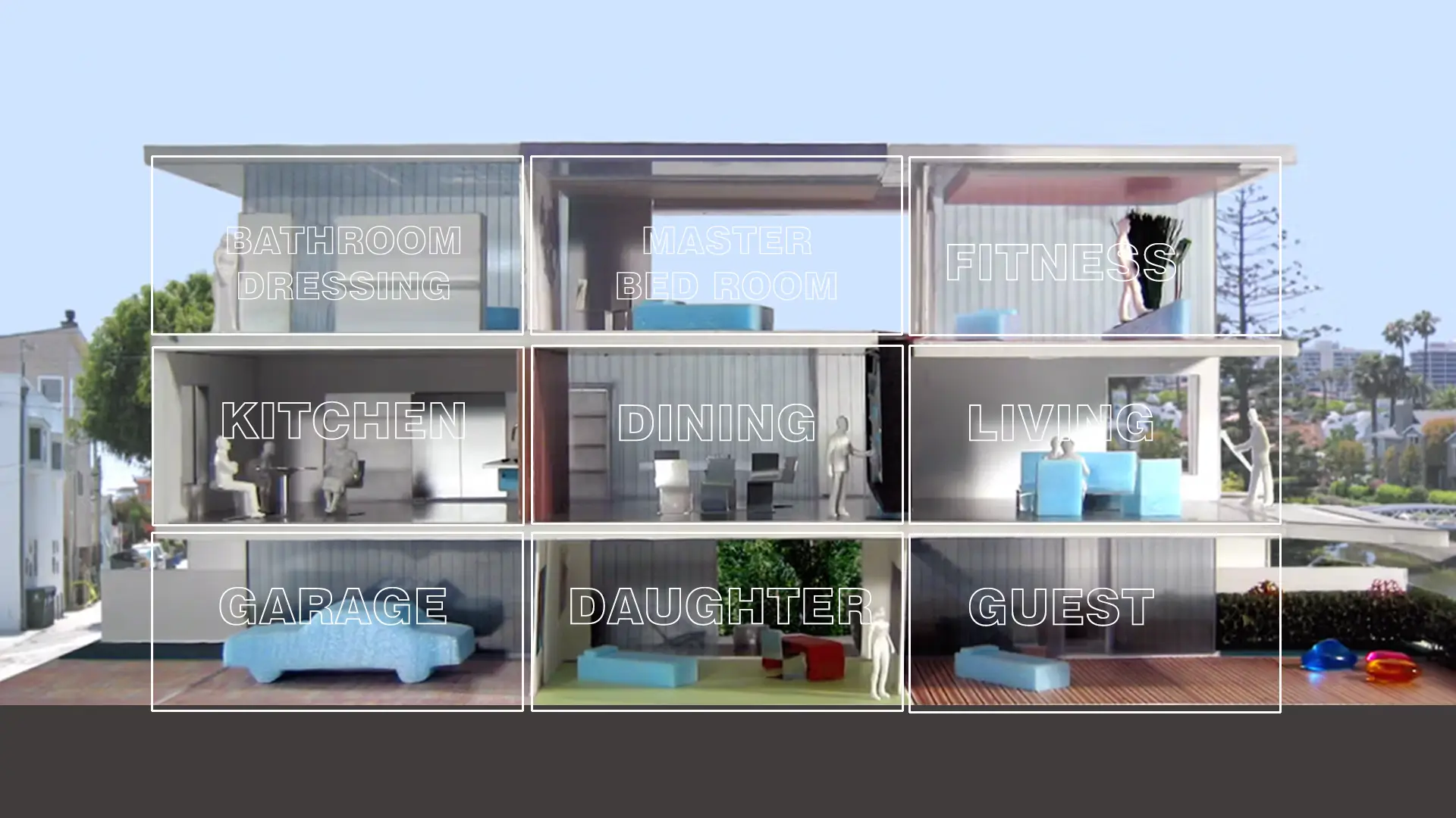 Maqueta en sección de la Sighvatsson House de OMA, organizada en una retícula de nueve estancias equivalentes.