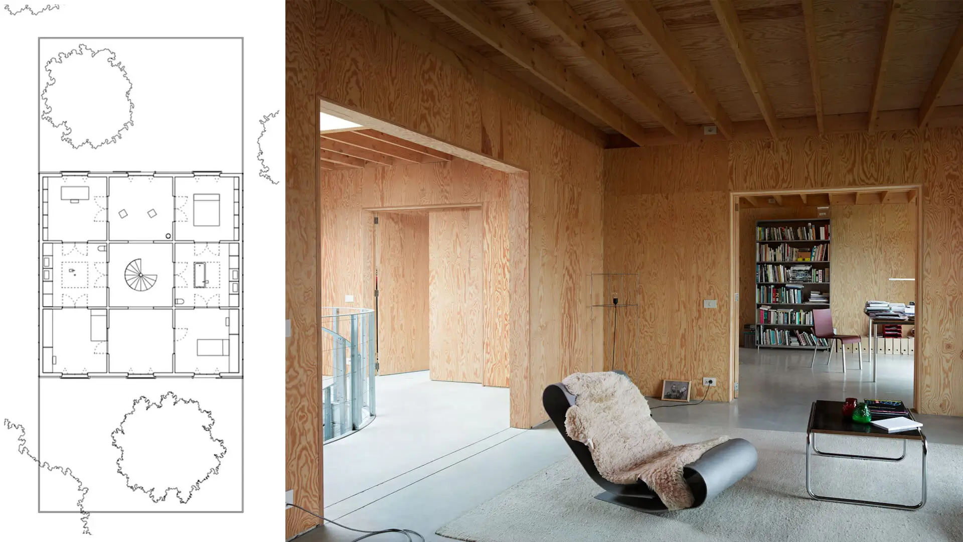 Planta y espacio interior de Villa Buggenhout de Office KGDVS con estancias neutras y carpintería de madera.