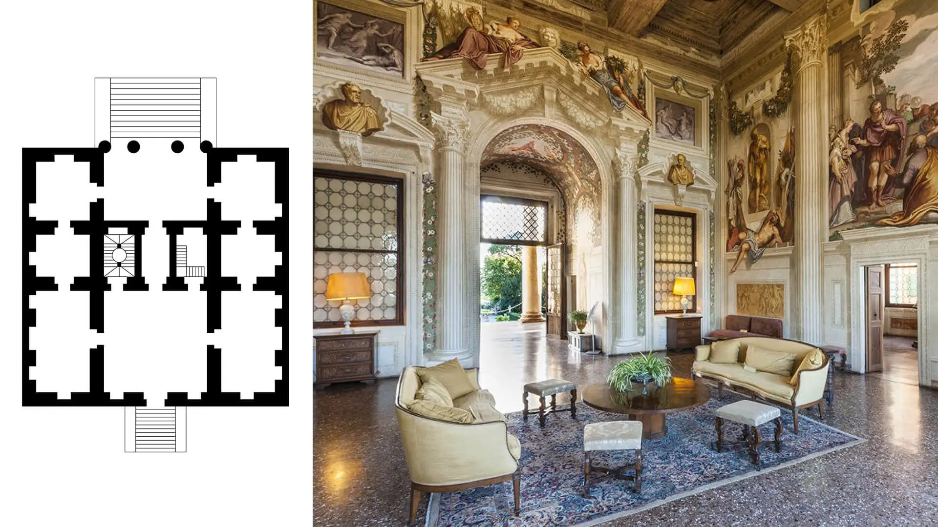 Planta de Villa Emo de Palladio con organización simétrica de estancias equivalentes y circulación sin pasillos.