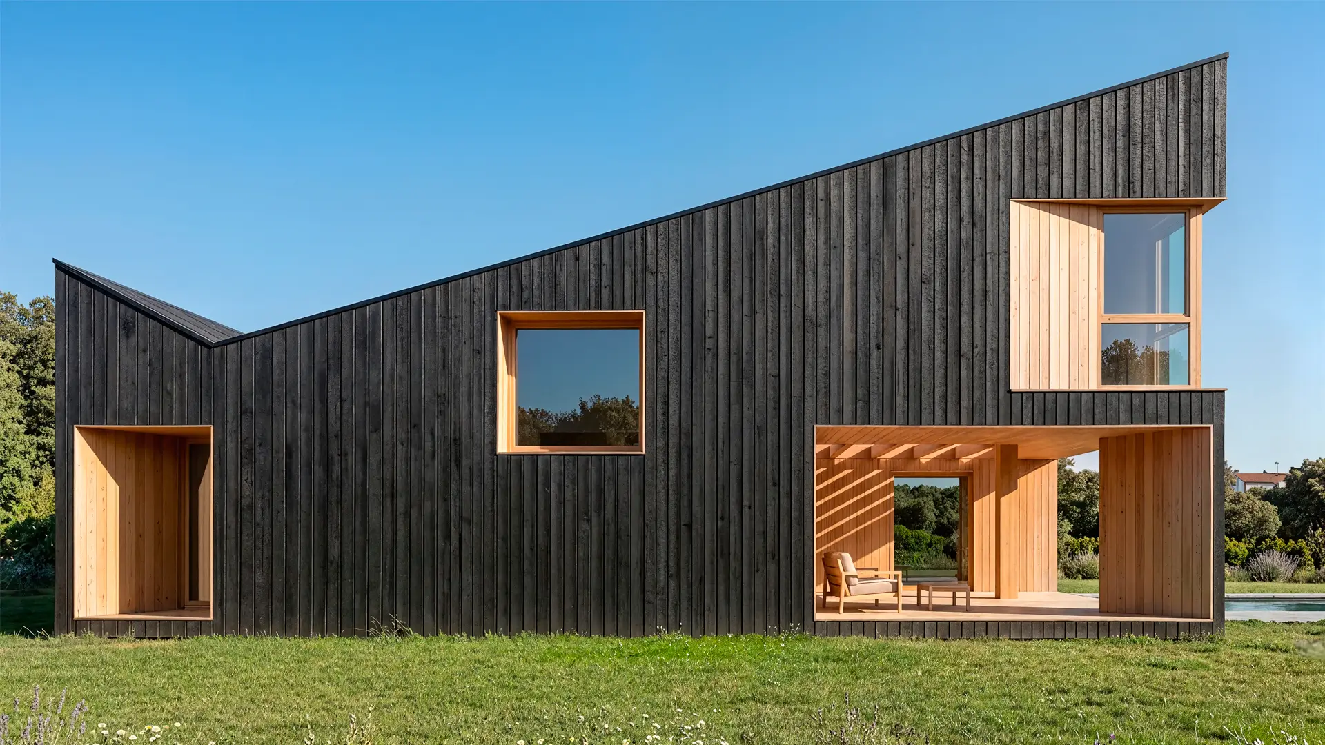Casa moderna en Madrid con fachada ventilada de madera carbonizada Shou Sugi Ban, cubierta inclinada ascendente y vanos profundos.