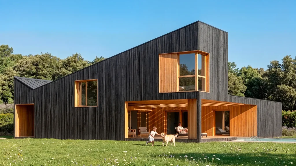 Casa moderna en Madrid con fachada ventilada de madera carbonizada, despacho elevado y porche con pérgola junto a la piscina.