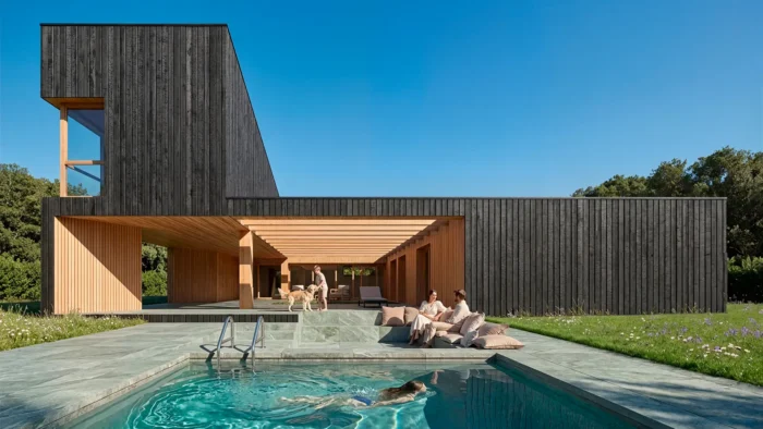 Casa moderna en Madrid con fachada de madera carbonizada, piscina, salón exterior rehundido en piedra y porche de madera.