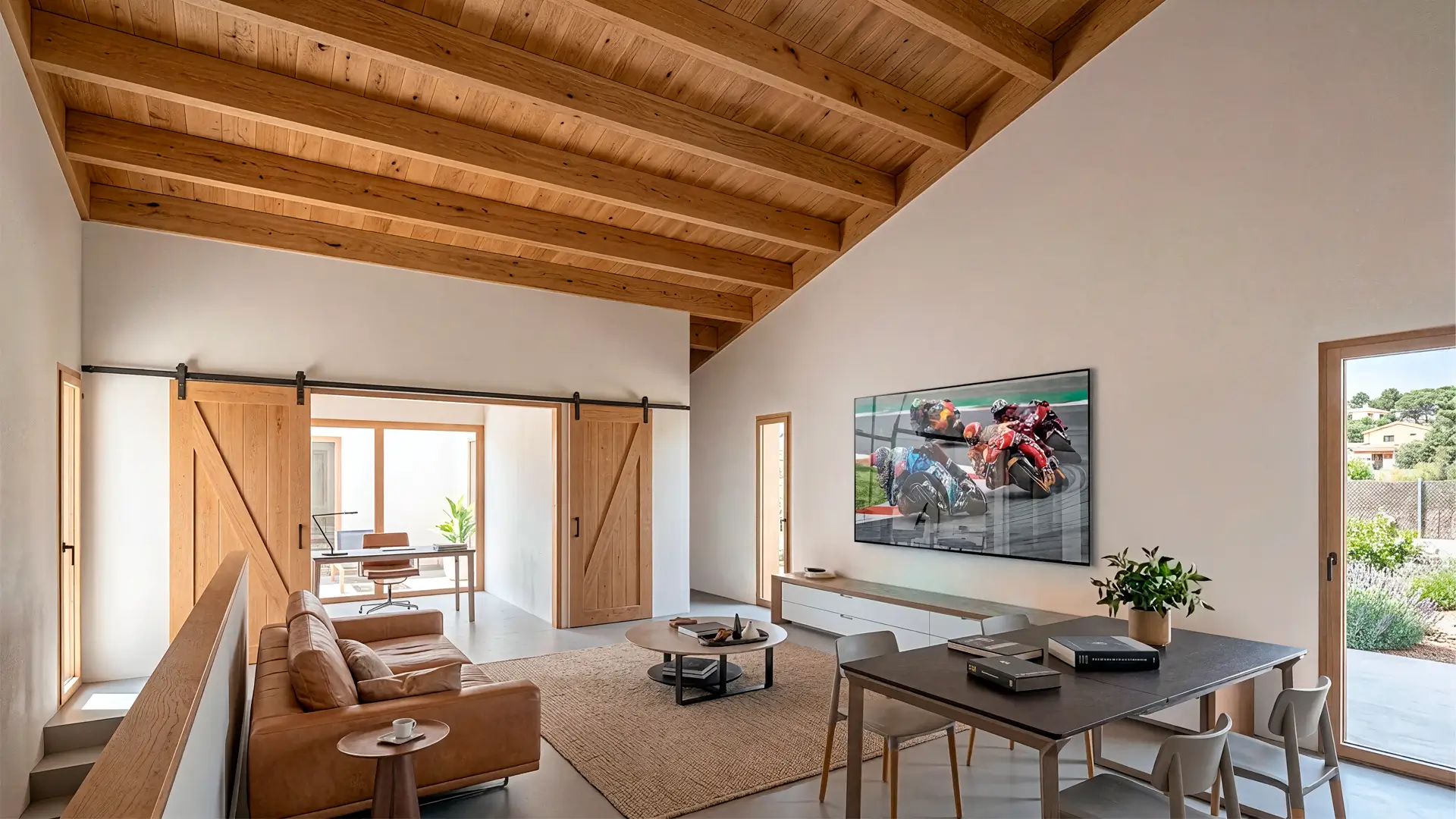 Salón comedor con techo de roble y enfilada espacial hacia el estudio en casa estrecha y alargada en Colmenar del Arroyo