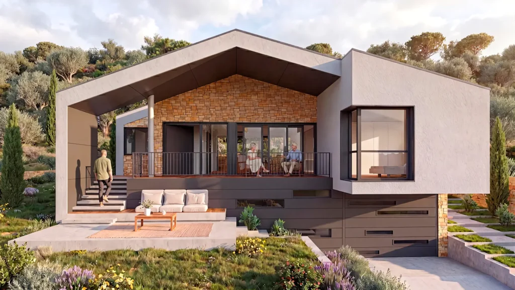Vivienda diseñada por arquitectos de casas prefabricadas a medida con certificación energética, cubierta inclinada, porche y garaje en la Sierra Oeste de Madrid.