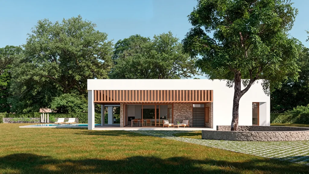 Porche cubierto orientado al sur de la Casa en Fresnedillas de la Oliva, diseñada por arquitectos de casas prefabricadas a medida en Madrid.