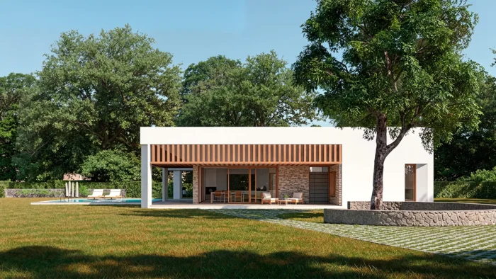Diseño del porche cubierto orientado al sur de la Casa en Fresnedillas de la Oliva, proyecto de HGSE Arquitectos en Madrid.