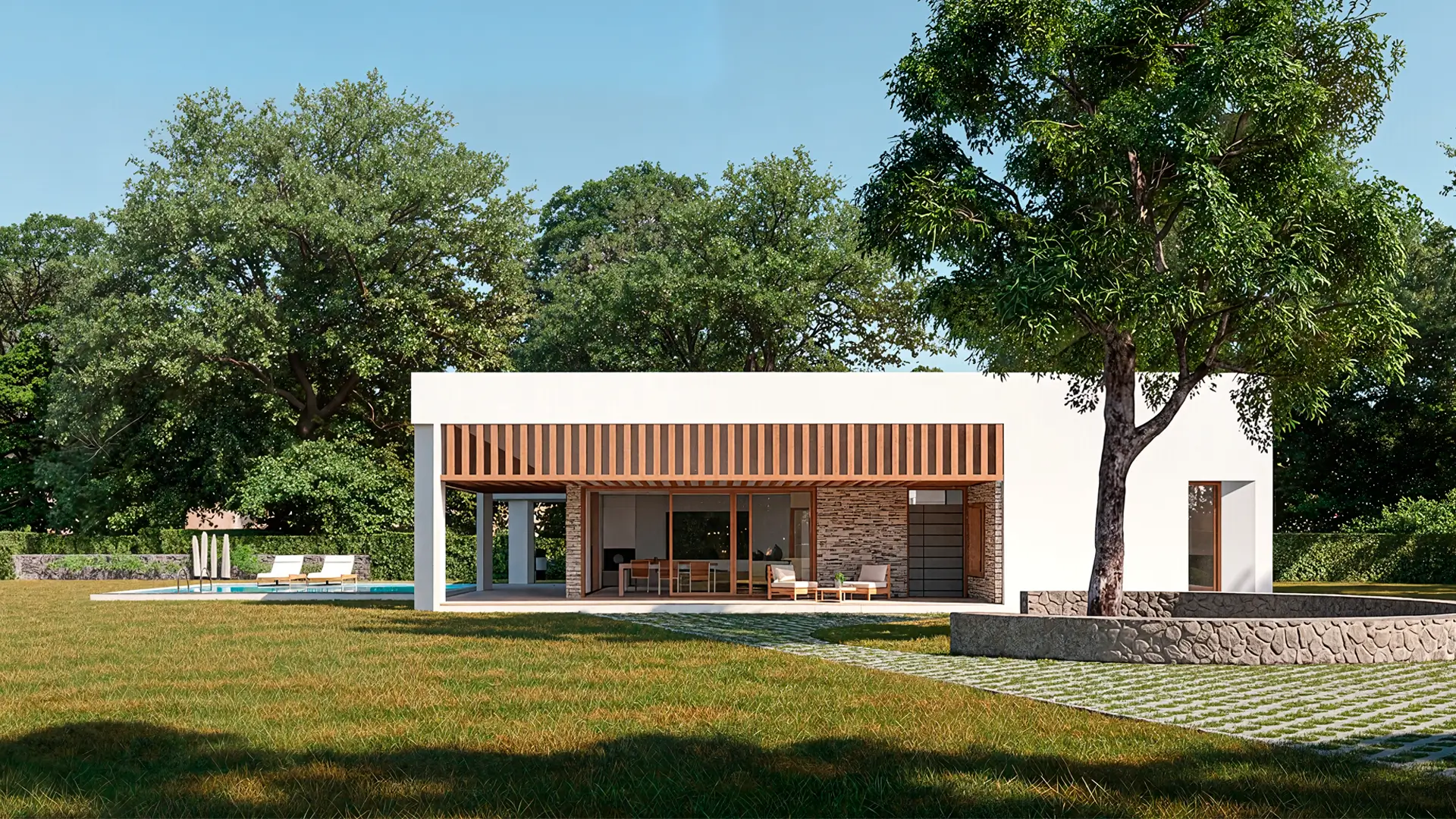Diseño del porche cubierto orientado al sur de la Casa en Fresnedillas de la Oliva, proyecto de HGSE Arquitectos en Madrid.