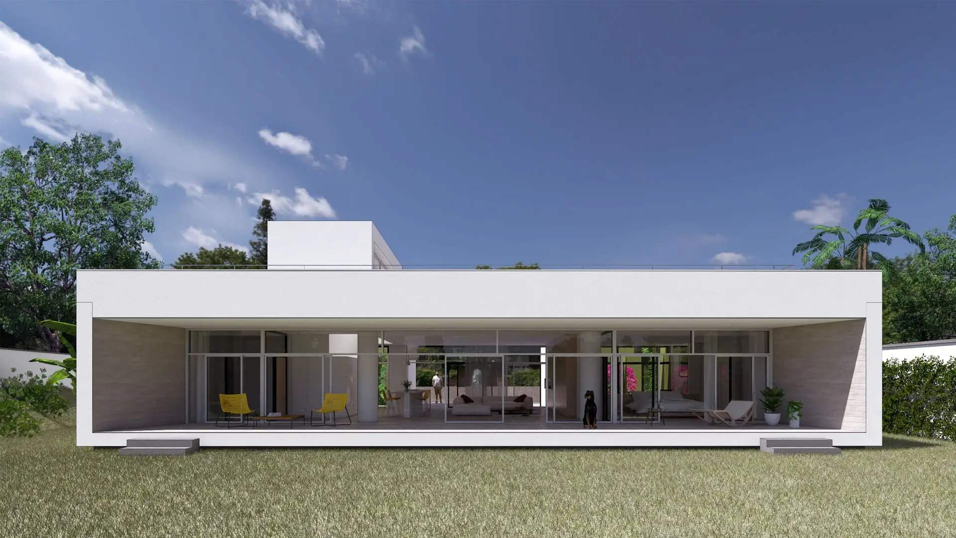 Diseño de casa moderna en Venezuela con terraza cubierta, ventanas panorámicas al jardín y orientación solar norte.
