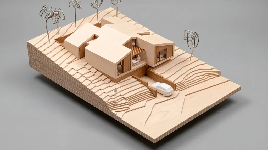 Maqueta de madera de arquitectura unifamiliar modular en parcela con pendiente para proyecto de casa a medida en Madrid.