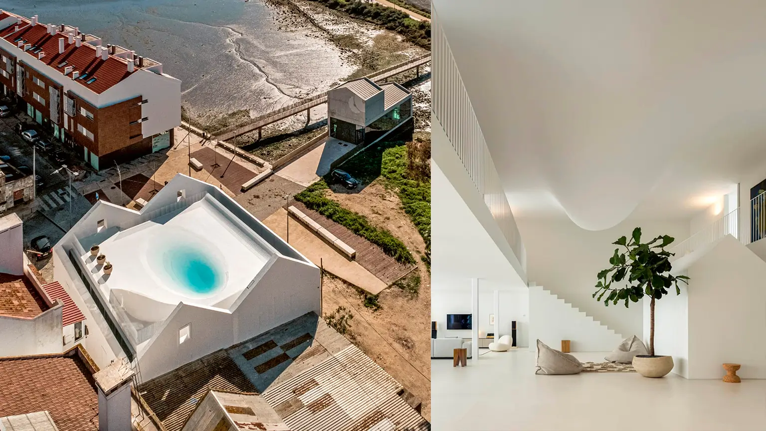 Casa moderna en Barreiro: piscina en la cubierta y salón de doble altura con techo curvado, de Aires Mateus.