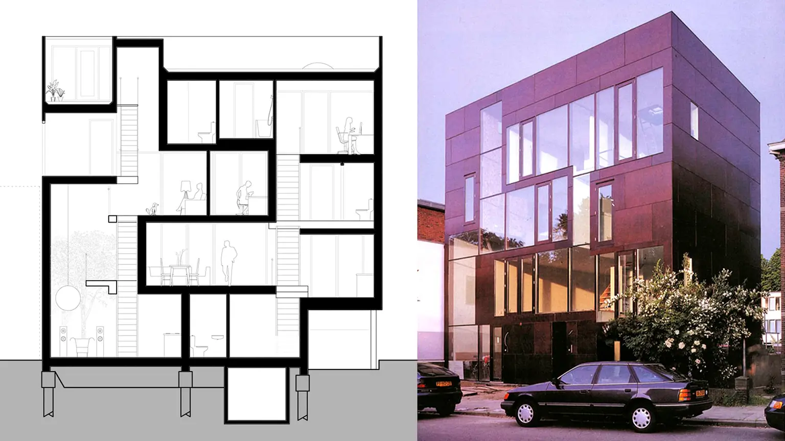 Planta y escorzo desde la calle de la Casa Doble en Utrecht de MVRDV, dos viviendas ensambladas.