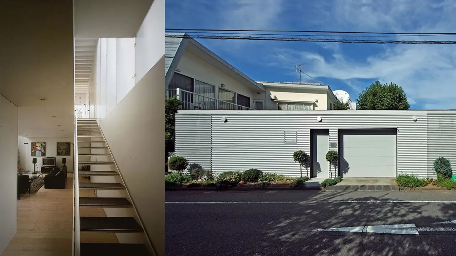 Casas modernas: interior luminoso con escalera lineal y fachada hermética de la Casa M de SANAA.