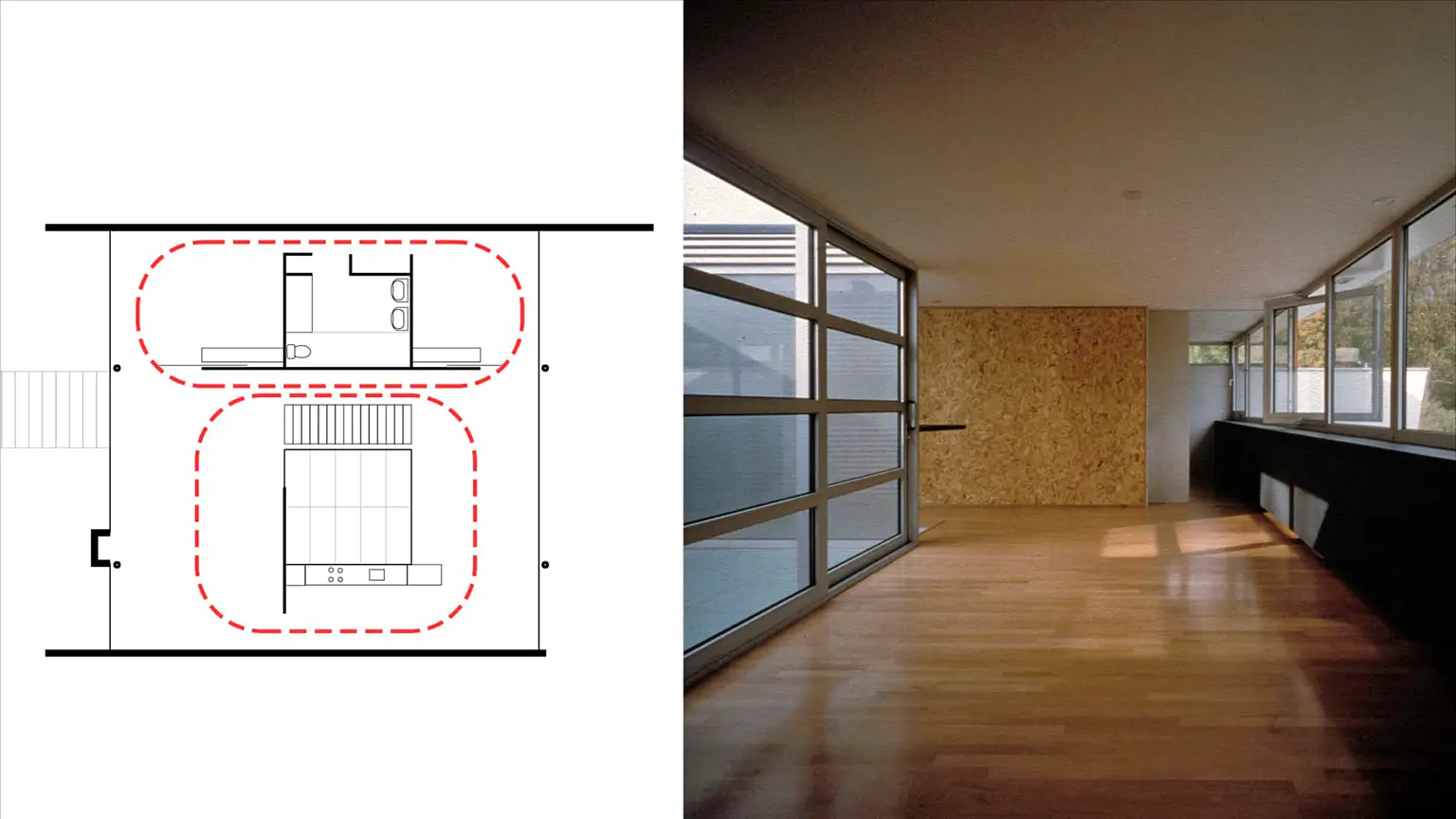 Casas Patio modernas de OMA/Rem Koolhaas: planta con recorridos circulares y comedor con ventana corrida.
