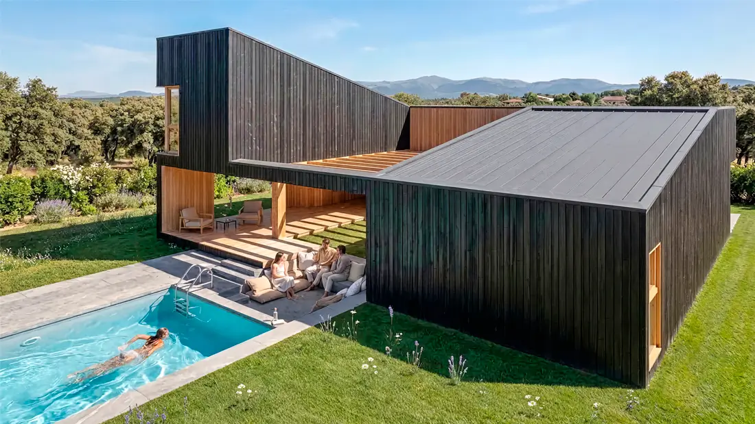 Casa moderna con patio de HGSE Arquitectos. Proyecto de vivienda unifamiliar en Madrid con fachada de madera carbonizada y piscina.