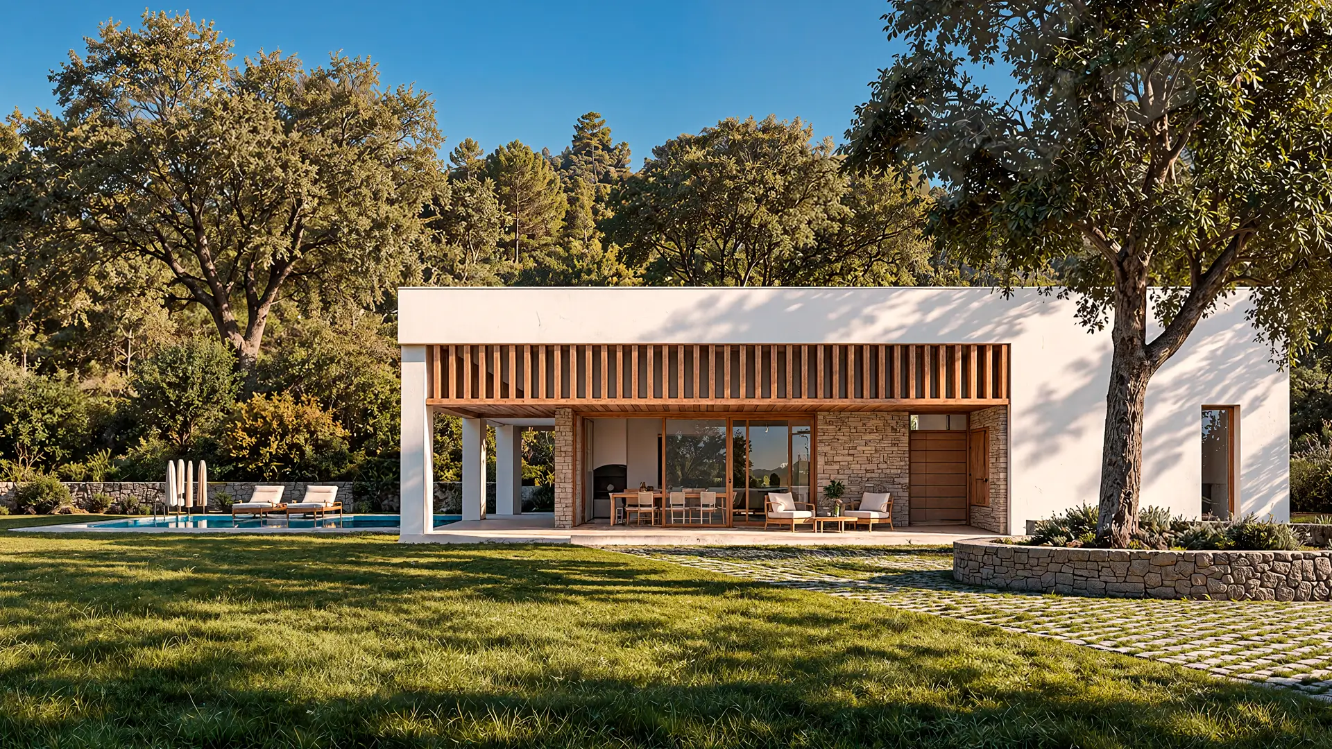 Alzado frontal de casa de una planta sin pasillos en Fresnedillas con fachada SATE, porche de madera, piscina y acceso ajardinado.