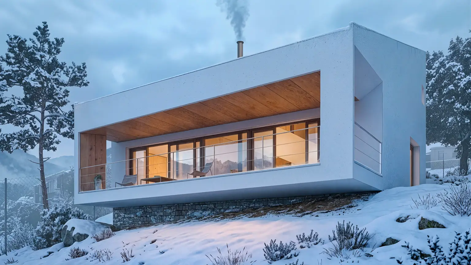Casa pequeña moderna en la montaña de Santa María de la Alameda con porche en voladizo de madera y fachada blanca integrada en la nieve.