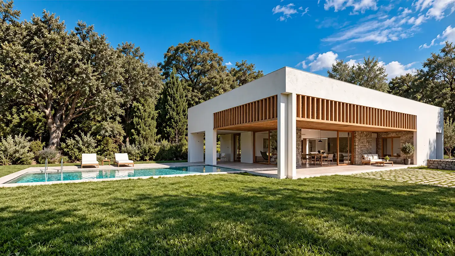 Escorzo de casa de una planta sin pasillos en Madrid con porche de madera, piscina y ventanales integrados en el jardín