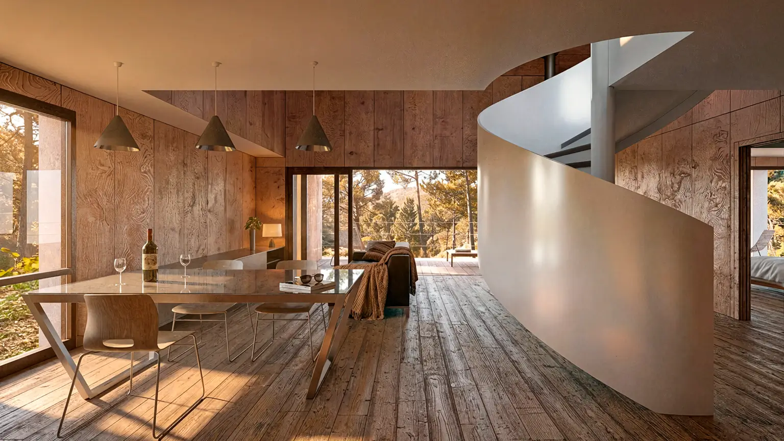 Interior de casa pequeña con doble altura, revestimiento de madera y escalera helicoidal orientada hacia el porche sur.