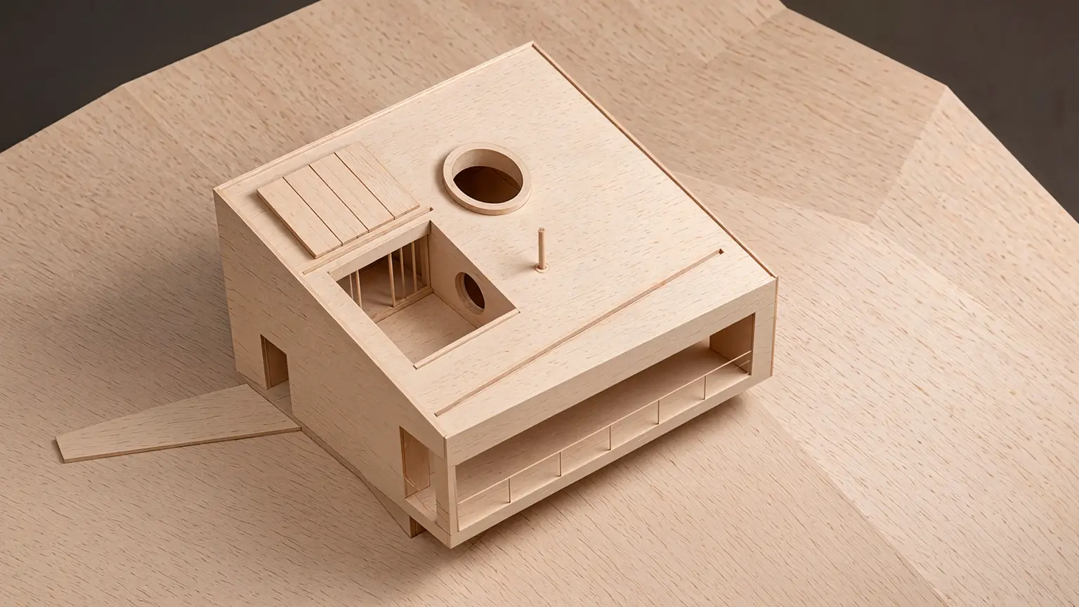 Maqueta arquitectónica en madera de casa en la montaña en Santa María de la Alameda con tragaluz circular y terraza superior.