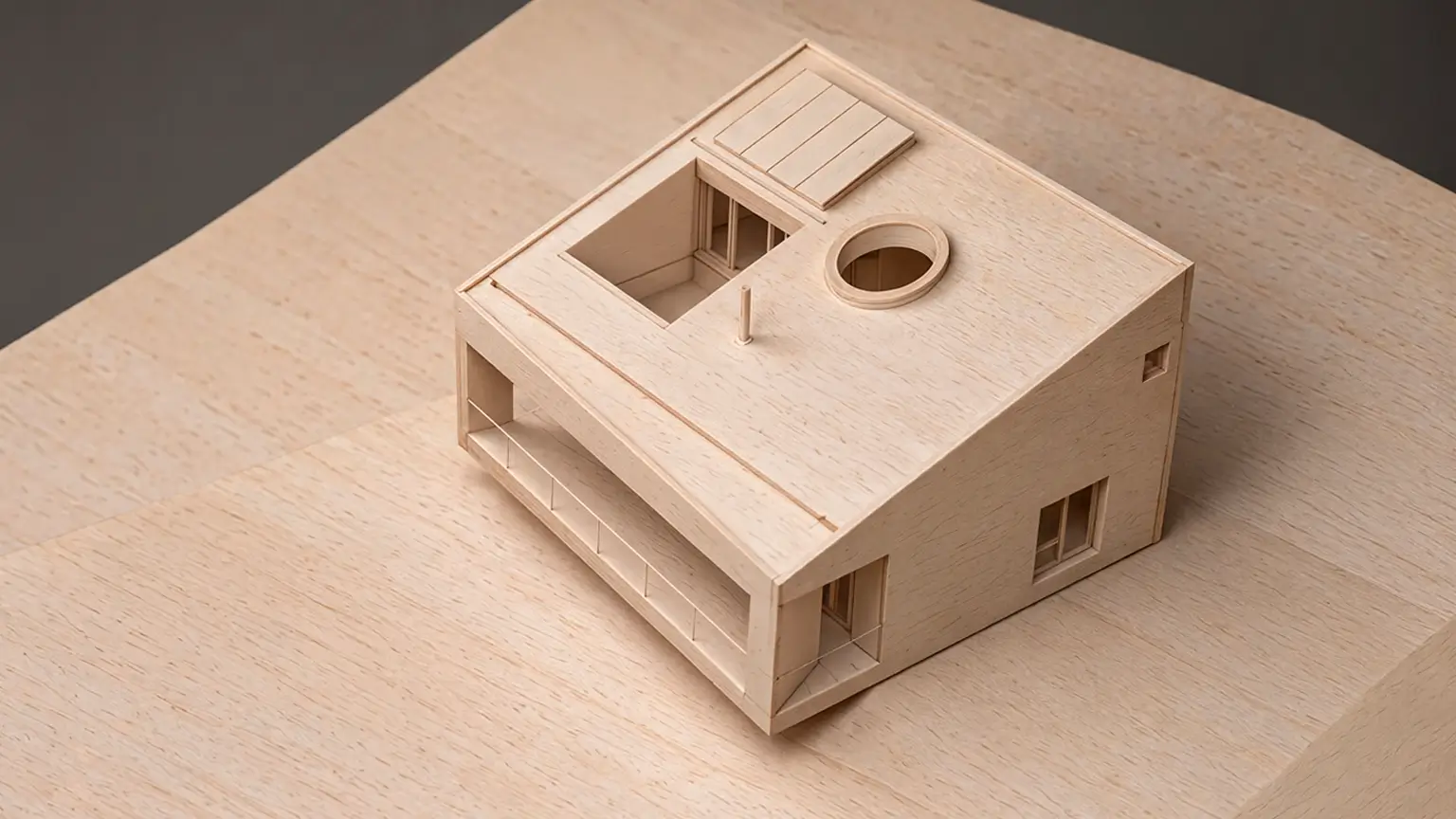 Maqueta en madera mostrando una vivienda unifamiliar en la Sierra de Madrid con porche mirador y adaptación topográfica.