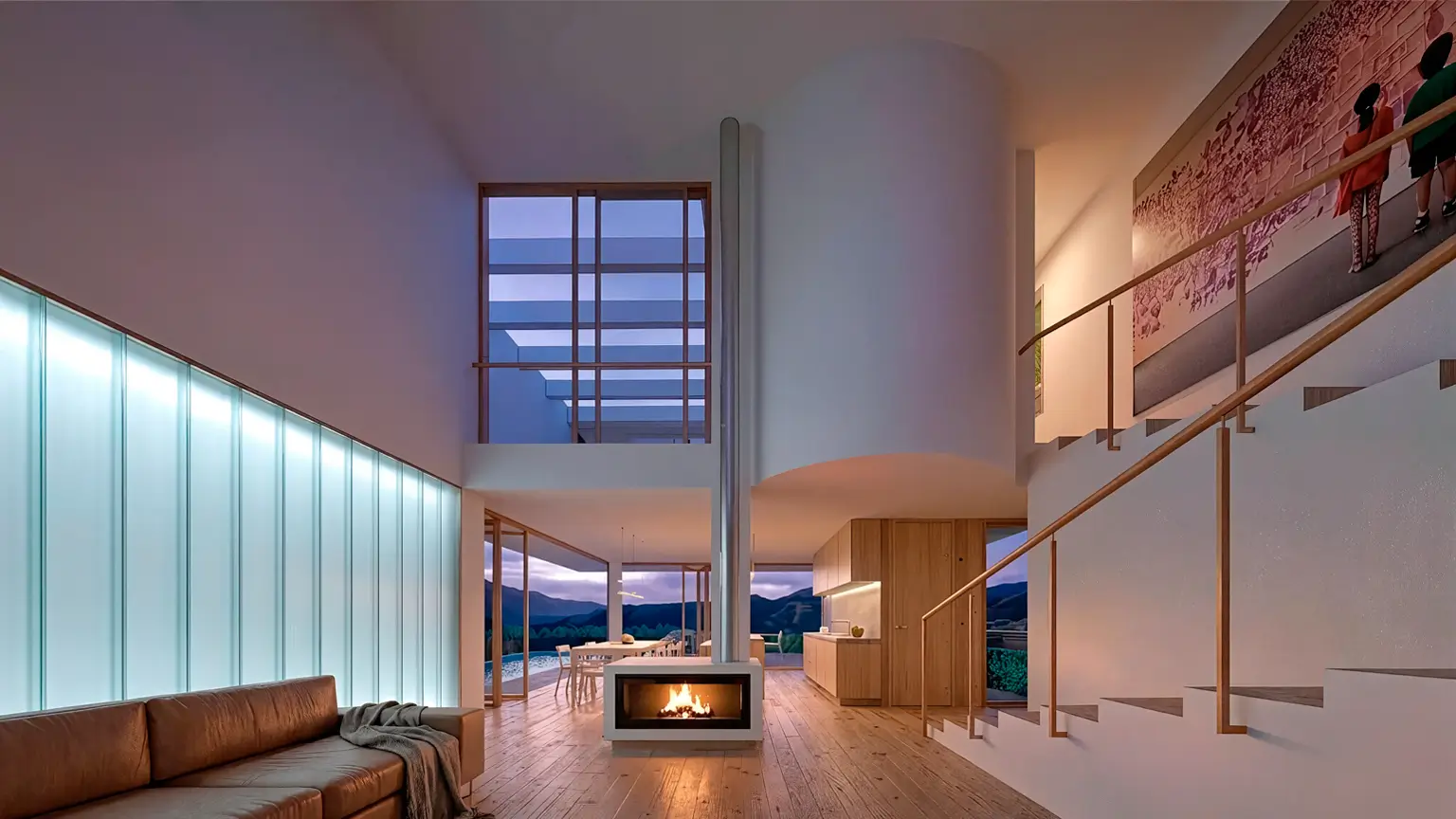 Salón‑comedor con chimenea exenta y cocina abierta, en casa moderna de medias alturas con panorámica a la Sierra de Madrid.