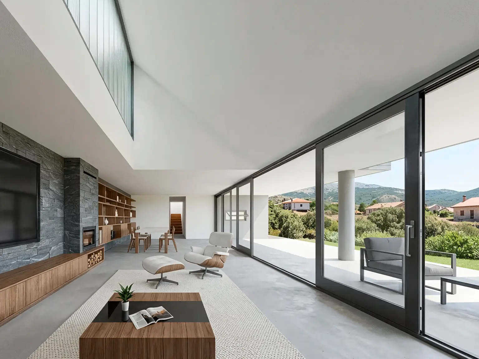 Salón-comedor de techo alto con chimenea, pared de piedra natural, ventanales y porche sur en vivienda unifamiliar de la Sierra de Madrid.