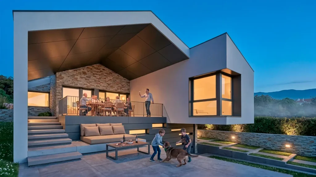 Vivienda  diseñada por arquitectos de casas prefabricadas a medida con certificación energética, cubierta inclinada, porche y garaje en la Sierra Oeste de Madrid.